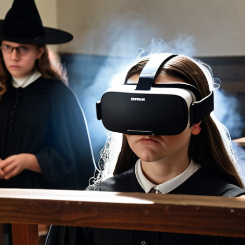 Home 11 **
A student wearing a VR headset, fully immersed in a virtual reconstruction of the Salem Witch Trials courtroom. Focus on the student's intense concentration and engagement. Soft, diffused lighting to suggest the historical setting. A faint, ghostly overlay of historical figures in the background enhances the immersive feeling.
**