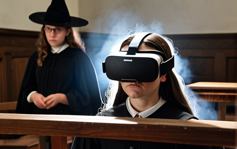 **
A student wearing a VR headset, fully immersed in a virtual reconstruction of the Salem Witch Trials courtroom. Focus on the student's intense concentration and engagement. Soft, diffused lighting to suggest the historical setting. A faint, ghostly overlay of historical figures in the background enhances the immersive feeling.
**
