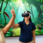 **

A classroom of diverse students wearing VR headsets, surrounded by projections of the Amazon rainforest. One student points excitedly, while the teacher smiles. Include lush greenery, colorful birds, and indigenous people interacting with the students virtually. Focus on the immersive and engaging nature of the virtual field trip.

**