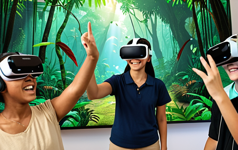 **
A classroom of diverse students wearing VR headsets, surrounded by projections of the Amazon rainforest. One student points excitedly, while the teacher smiles. Include lush greenery, colorful birds, and indigenous people interacting with the students virtually. Focus on the immersive and engaging nature of the virtual field trip.
**