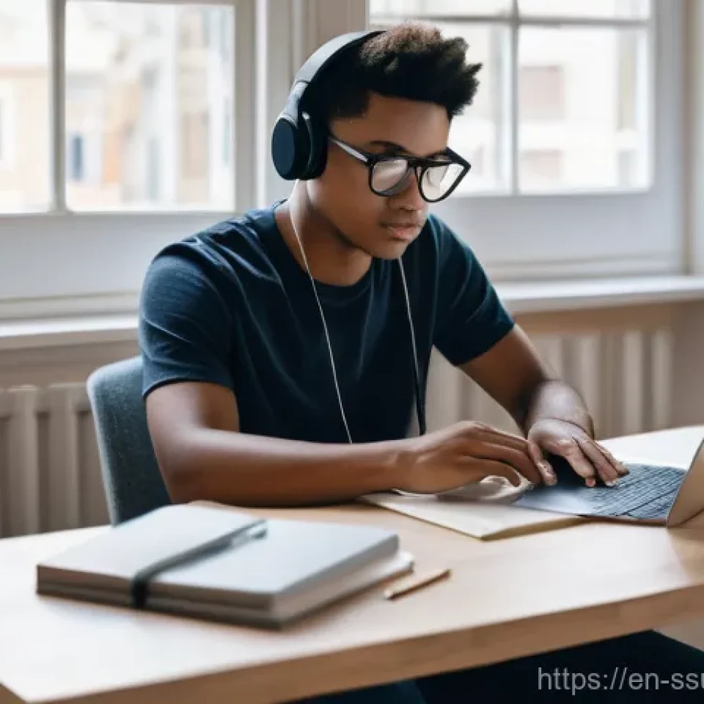 몰입형 학습 환경에서의 집중력 향상 전략 - **Prompt:** A young person, around 18-22 years old, sits calmly at a neat and organized desk, prepar...