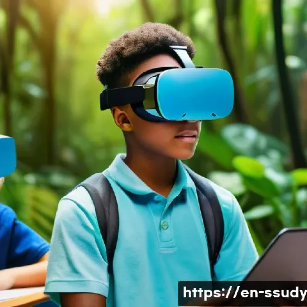 몰입형 학습과 교육 정책의 변화 - A modern classroom scene showing diverse students wearing VR headsets, fully immersed in a virtual f...