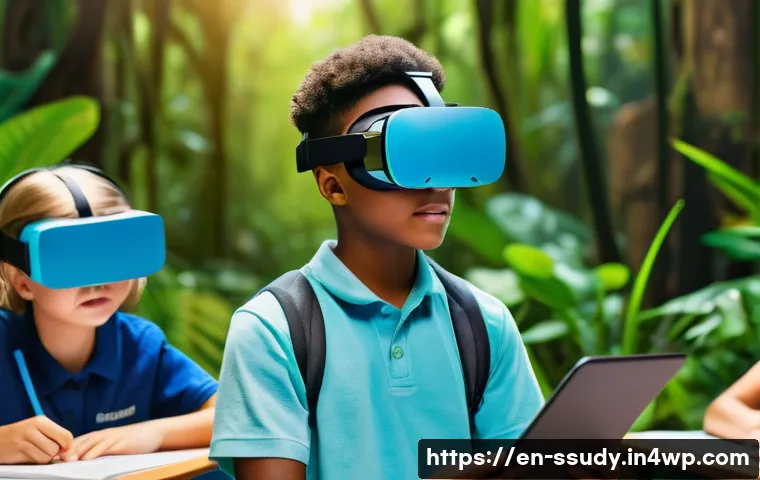 몰입형 학습과 교육 정책의 변화 - A modern classroom scene showing diverse students wearing VR headsets, fully immersed in a virtual f...