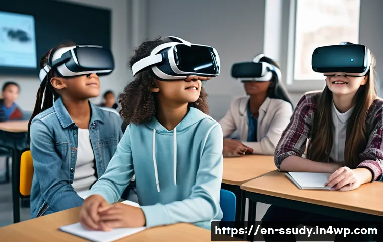 몰입형 학습의 미래 전망 - A diverse group of students wearing VR headsets in a modern classroom setting, actively engaging wit...