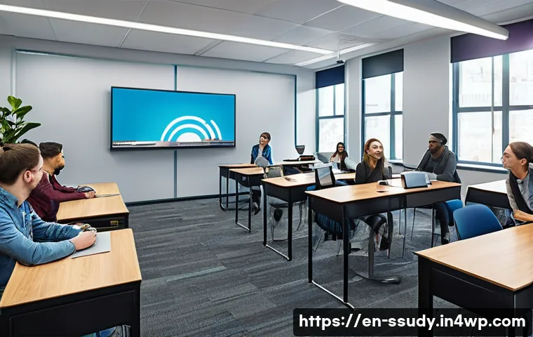 몰입형 학습 환경 구축을 위한 예산 계획 - A modern classroom scene showing a diverse group of educators engaged in a tailored immersive techno...