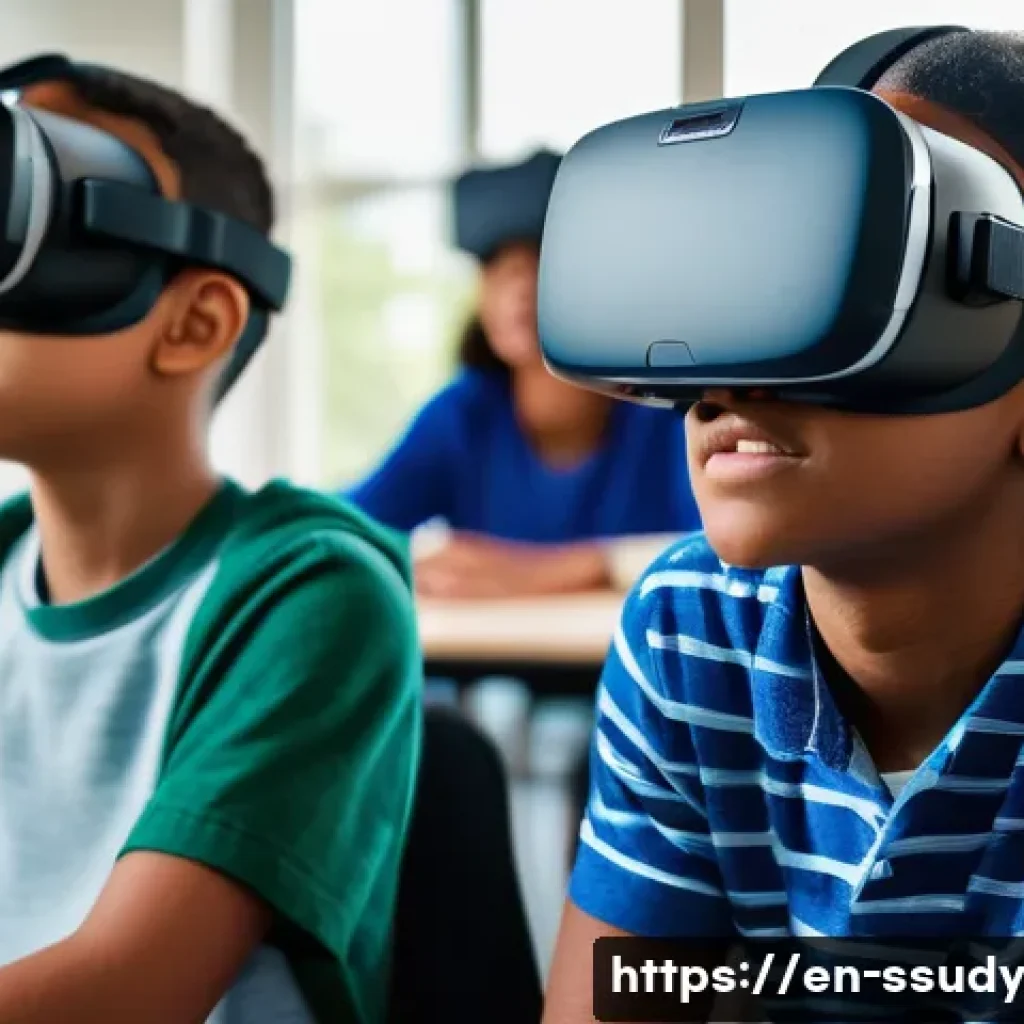 몰입형 학습 환경의 국제적 사례 비교 - A diverse group of middle school students wearing VR headsets in a modern U.S. classroom, actively e...
