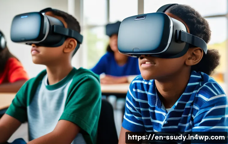 몰입형 학습 환경의 국제적 사례 비교 - A diverse group of middle school students wearing VR headsets in a modern U.S. classroom, actively e...