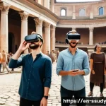 몰입형 학습의 성공적인 사례 분석 - A diverse group of adult students wearing casual clothing and VR headsets engaged in a virtual reali...