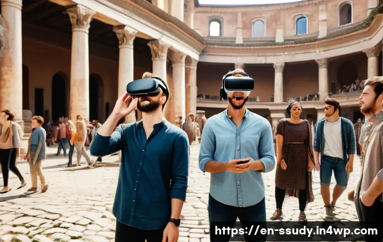 몰입형 학습의 성공적인 사례 분석 - A diverse group of adult students wearing casual clothing and VR headsets engaged in a virtual reali...