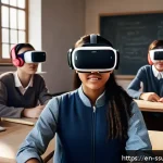 몰입형 학습 환경에서의 지속 가능한 발전 - A modern classroom scene where diverse students, wearing casual clothes and some with light, comfort...