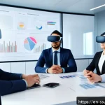 몰입형 학습 환경에서의 비판적 사고 촉진 - A diverse group of professionals collaborating in a futuristic virtual reality environment, wearing ...