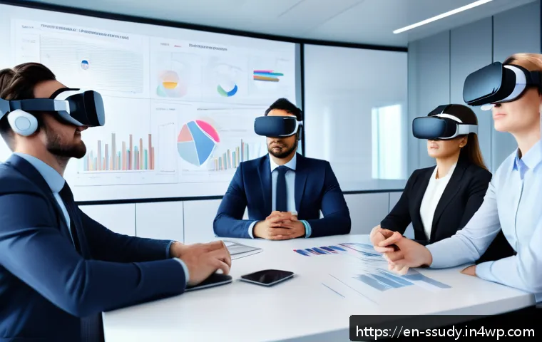 몰입형 학습 환경에서의 비판적 사고 촉진 - A diverse group of professionals collaborating in a futuristic virtual reality environment, wearing ...