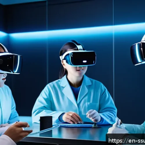 몰입형 학습을 위한 인터랙티브 콘텐츠 개발 - A futuristic classroom scene showing diverse students wearing VR headsets engaged in an immersive vi...