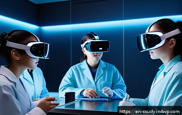 몰입형 학습을 위한 인터랙티브 콘텐츠 개발 - A futuristic classroom scene showing diverse students wearing VR headsets engaged in an immersive vi...