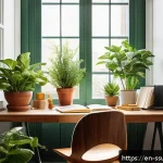 몰입형 학습에서의 감각적 자극의 중요성 - A cozy, modern study room bathed in natural morning sunlight streaming through large windows, featur...